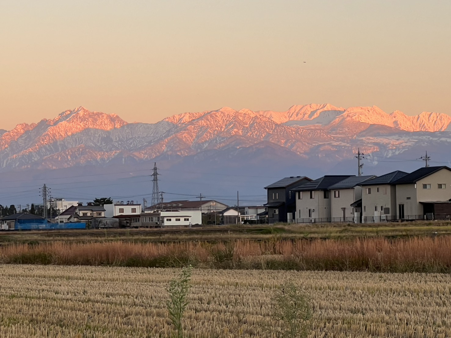 朝焼けに染まる立山連峰と富山の家並み